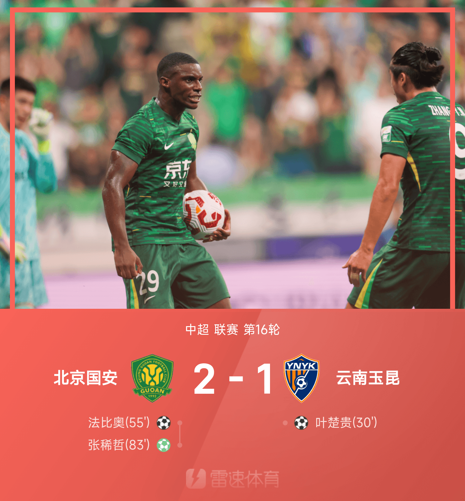 PG电子-中超战报：张玉宁造点+助攻，国安2-1逆转玉昆继续领跑积分榜